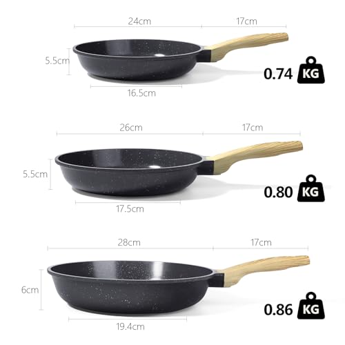 Image of GiPP Nonstick Frying Pan Skillet Set- Ceramic Coating Non Stick Pans, Healthy Non-Stick Fry Pan Omelette Pan Egg Pan, Compatible with All Stoves, Dishwasher Safe, PFOA Free(Gray, 24CM+26CM+28CM)