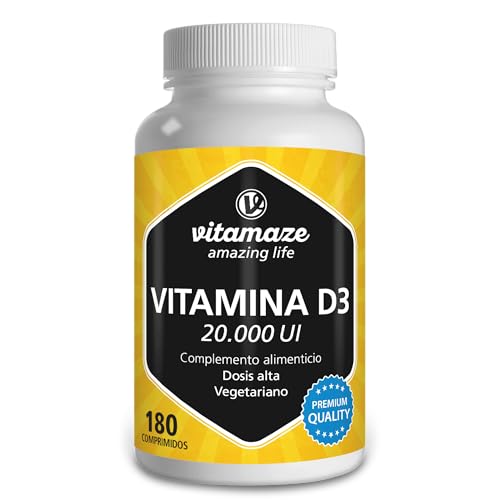 Vitamina D3 20.000 UI de Alta Dosis, (Suministro +1 Año) de Alta Potencia de Vitamina D, (Dosis cada 20 dias) Vitamin D Pastillas para Mujer y Hombre. Calidad Alemana, 180 Tabletas. Vitamaze®