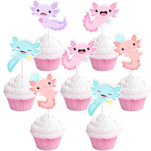 SHADOAMP Axolotl Birthday Decorations, 36pcs Axolotl Themed Cupcake Topper Pastel Double-sided Printed Cake Decorations for Girls Reptile Marine Animal Themed Birthday Baby Shower Party Supplies