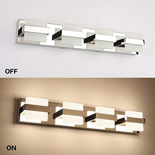 Image of SOLFART 4 Lights Chrome Bathroom Lights Modern LED Vanity Lights Fixtures Over Mirror Bathroom Light Fixtures 27 inch Warm Light Non Dimmable