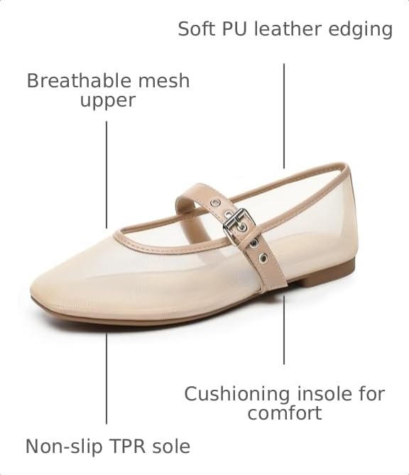 Image of Rihero Mesh Ballet Flats for Women Square Toe Mary Jane Flats Comfortable Casual Ballerina Shoes