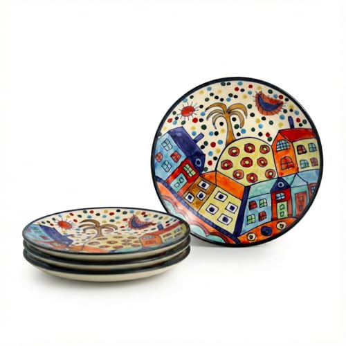 Image of ExclusiveLane 'The Hut' Hand-Painted Ceramic Quarter Plates Set of 4 Ceramic (Set of 4, 7 Inch, Microwave Safe) | Ceramic Plates for Serving Plate for Snacks Starter Plate Half Side Plates