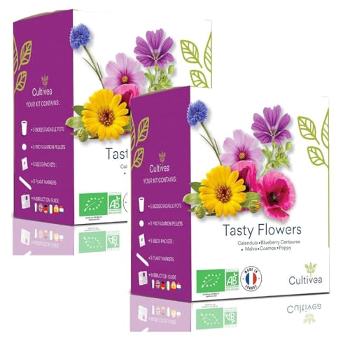 CULTIVEA® 2 x Mini Kit Prêt à Pousser Fleurs Comestibles – Graines Françaises 100% Écologiques et Biologiques - Jardinez et dégustez - Idée Cadeau (Calendula, Bleuet, Malva, Cosmos, Coquelicot)