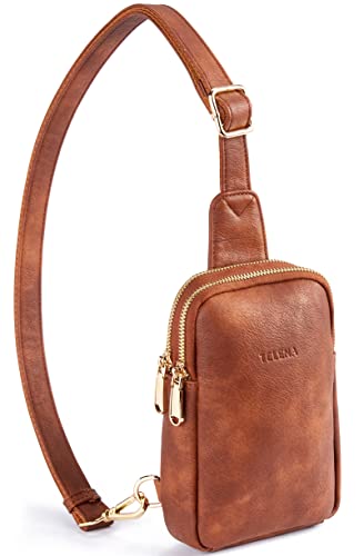 Telena Small Sling Bag for Women Leather Crossbody Fanny Packs Chest Bag for Women Mocha Brown