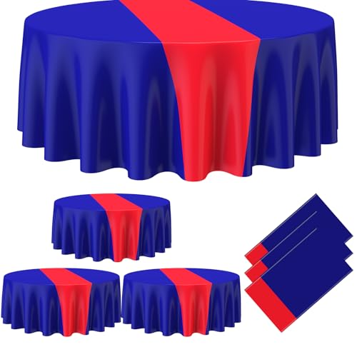 Image of Remagr 3 Pcs Round Plastic Tablecloth 84 Inch Disposable Tablecloth Party Table Cover for Graduation Wedding Birthday Retirement Decoration (Blue,Red)