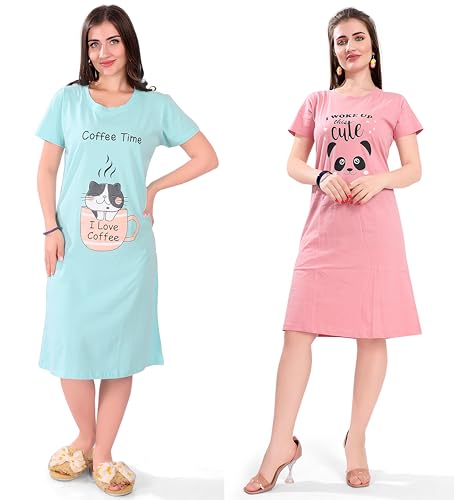 Image of Printed Knee Length Pocket Night Dresses for Women | Cat Lover | Premium Soft Cotton Nighty | Blue and Maroon