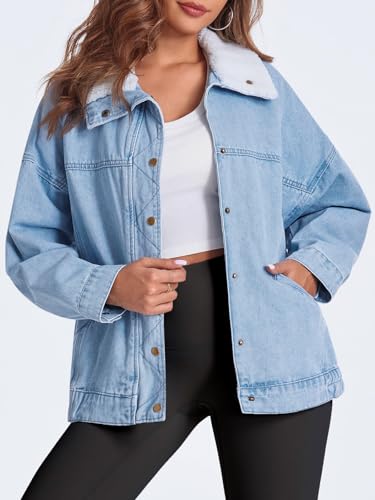 Tankaneo Womens Oversized Denim Jackets Sherpa Collar Button Down Jean Jacket Fall Warm Shacket Coats3