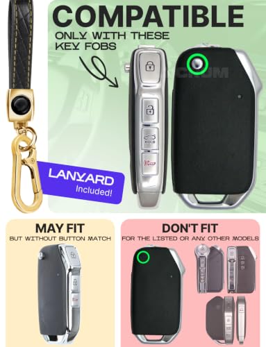 Image of Lucrum Key Fob Cover for Kia, TPU KeyFob Case & Leather Keychain | Fits ONLY FLIP Cadenza Forte K5 Niro Seltos Sorento Soul Sportage, 4 Button Keyfob Case (2018-2025) - Black and Gold