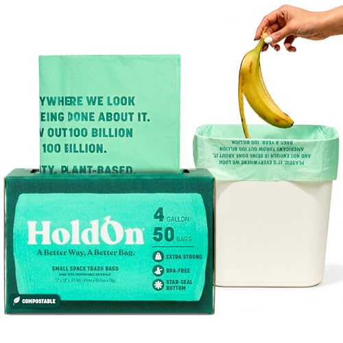 HoldOn Compostable Small Kitchen Bags 4 Gallon - Leak-Resistant Triple-Ply Tie-Top Compost Bin Bags for Countertop Small Space Bathroom & Office Bins BPA-Free BPI Certified 50 Count