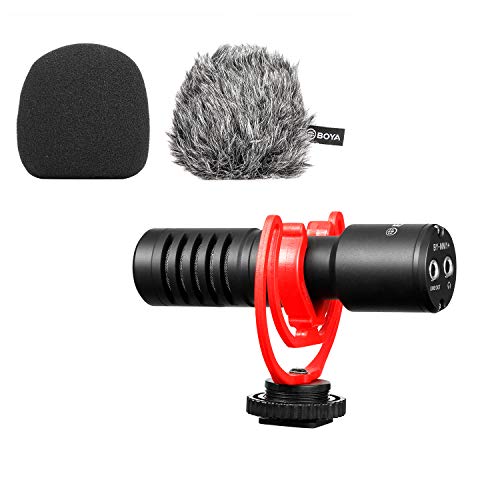 BOYA Super-Cardioid Shotgun Microphone, by-MM1+ Mini Stereo Mic with Shockmount for iOS Android Smartphone Vlog, PC Live Streaming, On Canon Nikon DSLR SLR Camera, Video Interview Mic