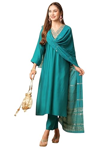 Image of Naixa Women's Chanderi Viscose Embroidered Straight Kurta with Pant and Dupatta Sets (NX-S-Amayra)