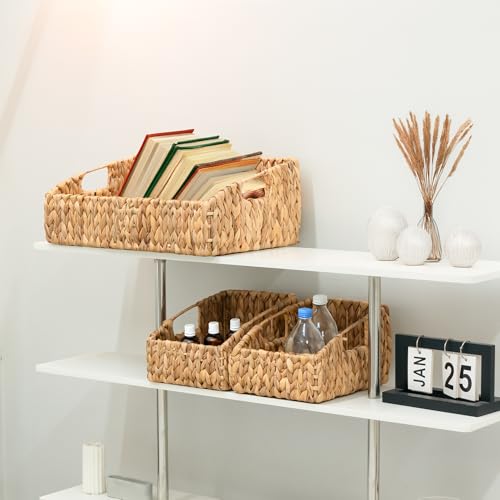 Image of KOKODO Rectangular Wicker Storage Baskets for Shelves, Set of 3 Water Hyacinth Woven Bins with Handles, Open Front Pantry Shelf Organizer for Closet, Bedroom, Boho Decorative, Natural