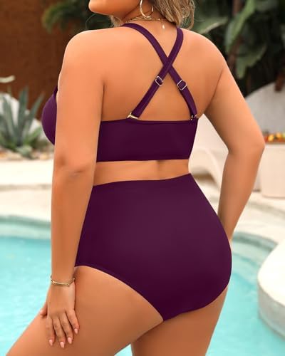 Yonique Womens Plus Size Bikini High Waisted Swimsuits Two Piece Bathing Suits Tummy Control Swimwear, Purple, Medium