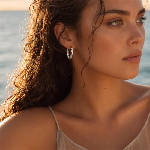 Wave Hoop Earrings for Women 14K Gold Plated Dainty Huggie Hoops Twisted Wavy Irregular Chunky Earrings Hypoallergenic Statement Jewelry Gifts (Wave-Silver) by SHANTYSON - Used condition - Image 4
