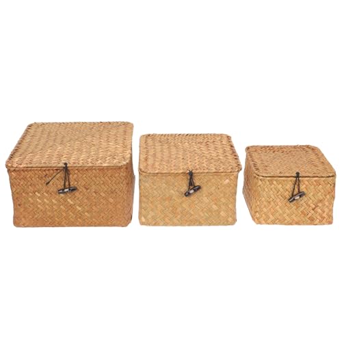 VALICLUD Cestas Pequeñas de Mimbre Tejidas a Mano Tapa, Set 3 Piezas (20x20x11 17x17x10 14x14x9 Cm), Contenedor de Almacenamiento Versátil y Decorativo para Cosméticos y Organización