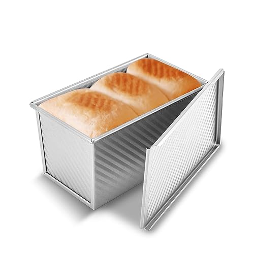 Image of KITESSENSU Pullman Loaf Pan with Lid, 1 lb Dough Capacity Non-Stick Bakeware for Baking Bread, Carbon Steel Corrugated Bread Toast Box Mold with Cover for Baking Bread, Silver