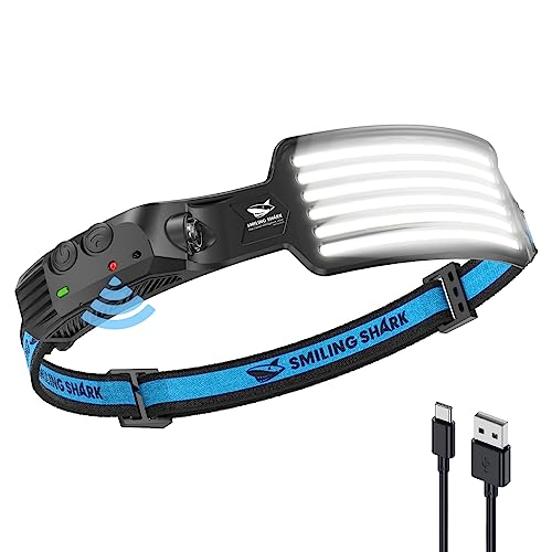 Smiling Shark Rechargeable Headlamp, 230°Wide Angle 6*White Light The Brightest LED Head Lamp with Motion Sensor Waterproof Headlight for Camping Hiking Outdoor, Head-Lamp-LED-Frontale-Rechargeable
