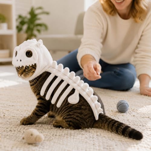 Cat Pet Dinosaur Skeleton Costume 3D Skeleton Glow in the Dark,Dinosaur Skeleton Glow in Dark Cat Costume, Realistic 3D Halloween Cat/Dog Skeleton Costume, Plush Halloween Dino Pet Outfit - 5