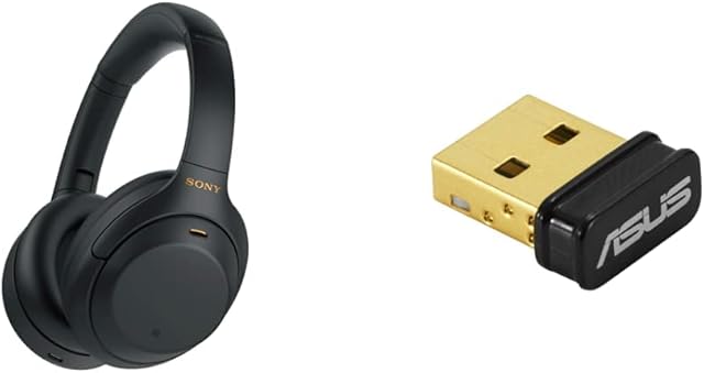 Sony WH-1000XM4 Noise Cancelling Wireless Headphones - Optimised for Alexa and the Google Assistant - with built-in mic for phone calls - Black & ASUS Bluetooth 5.0 USB Adapter