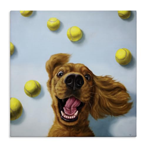 'Happy Smiling Pet Dog with Yellow Tennis Balls'| Canvas Art