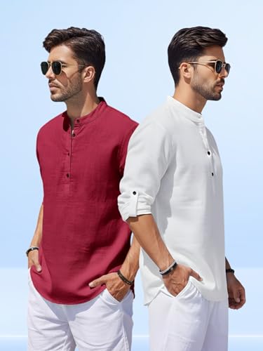 Image of Men's Cotton Blend Straight Kurta Shirt Combo with Mandarin Collar - Slim Fit Casual Short Kurti Set Featuring Textured Slub Fabric and Roll-Up Full Sleeves