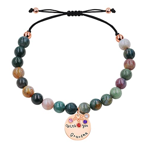 Image of With You Grandma Bracelet - Handmade Adjustable Rose Gold Plated Round Cubic Zirconia Charm Natural Stone Bracelet for Grandmother Y3758