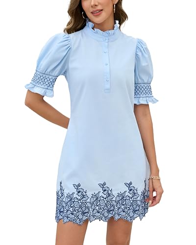 YEXPINE Women's Summer Embroidered Mini Dress Short Puff Sleeve Ruffle Collar Button Front Shift Dress Light Blue