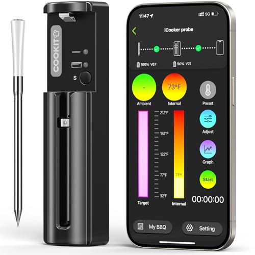 Termómetro inteligente inalámbrico para comida con 5,5 mm de muestra ultrafina, Bluetooth 5.3 Digital Food Termómetro para barbacoa, barbacoa, horno ahumador (blanco)