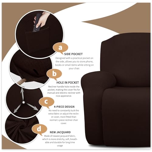 JIVINER Stuhlhussen für Liegestuhl, Stretch-Jacquard, Schonbezüge für Liegestuhl, Liegestuhl, Schonbezüge für Wohnzimmer, weicher Lehnenschutz mit Tasche (Relax, Dunkelkaffeebraun)