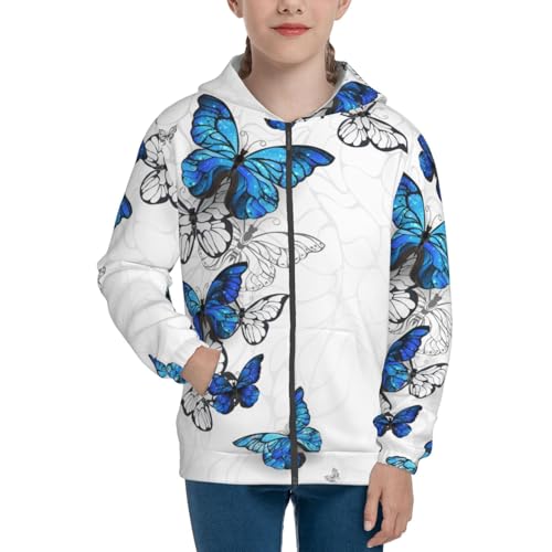 Blue Flying Butterflies Kids Pullover Hoodies Boys Zip Up Sweatshirts Girls Athletic Clothes with Pocket3
