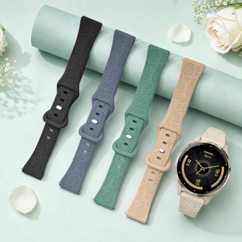 EverArt 18mm Floral Engraved Strap Compatible with Garmin Venu 3S Watch Bands/Venu 2S/Venu 4 41mm/Vivoactive 4S/Vivomove 3S/Forerunner 265S 255S, 5 Pack Sport Silicone Wristbands for Women Men - 3