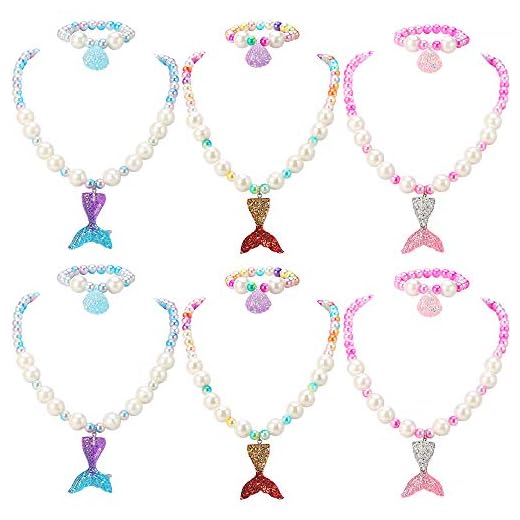 Powerking Juego de aretes y aretes con Collar para niños,6 Juego de bisutería con Cuentas para niñas y niños Collar y Pulsera con Colgante de Sirena para Vestir Juego de imaginación