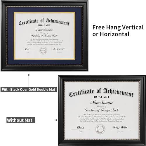 DOAI ART 8.5 x 11 Diploma Frame Classic Black Display 8.5x11-inch with Blue Over Gold Mat or 11x14 Document &Certificate Without Mat,Wide Molding, Gold Beads Hanging Hardware Included, Tabletop