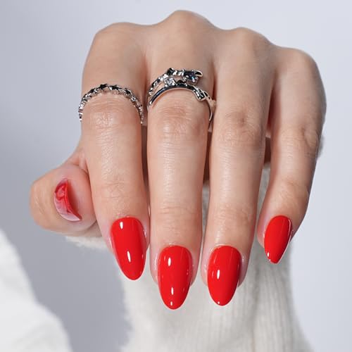 Leefrei Red Press on Nails - Glossy Short Almond Press on Nail, Fake Nails Reusable Nails Press ons for Women, 32 Pieces in 16 Sizes Nails Kit with Glue, Cherry Heat