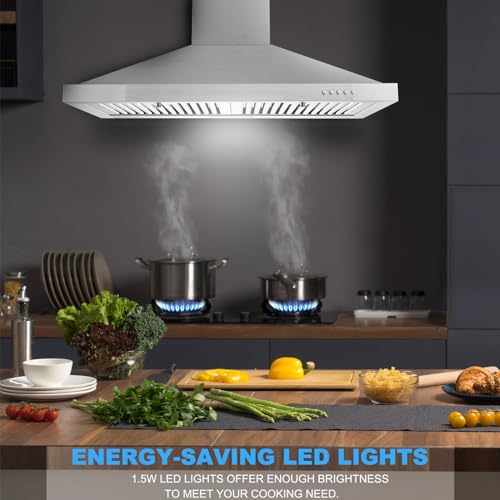 Tieasy Range Hood, Range Hoods 30 inch Stainless Steel, 450 CFM Kitchen Hood with LED Light Baffle Filters, 3 Speed Exhaust Fan Vent Hood