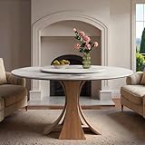 Leavader 59-Inch Round Dining Table, Artificial Marble Tabletop with 35.4' D Removable Turntable, Luxurious Sintered Stone Dining Table with Walnut Wood Base, Kitchen Table for 6-8