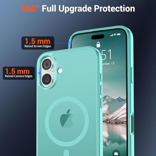 Image of SUPFINE Magnetic for iPhone 16 Plus Case with Screen Protector (Compatible with MagSafe) (Military Grade Drop Protection) Translucent Matte Shockproof with Anti-Fingerprint Phone Case, Blue Green