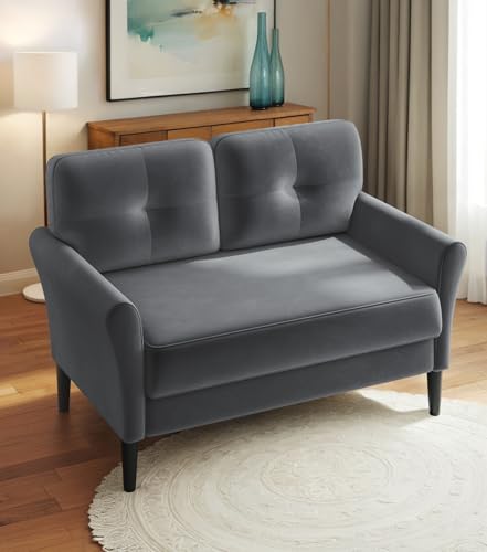Domusensus Kleines Sofa 2 Sitzer, 123CM kleine Couch 2 Sitzer, Sofa klein mit 53CM extra tiefen Sitzen, MiniSofa Wohnzimmer, Werkzeugfreie Montage Sofas & Couches, Bequemer Samt Mini Couch, Grau