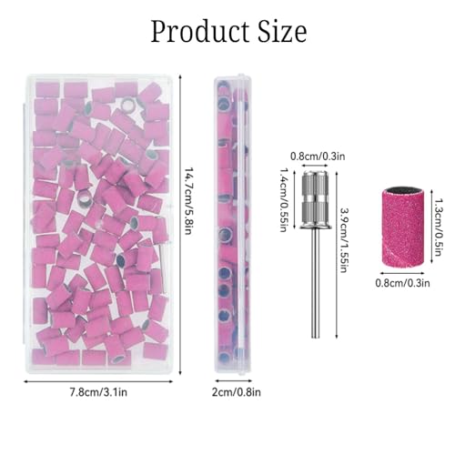 OMBRISA Schleifhülsen Nagelfräser 100 Stk., 180er Schleifkappen Pink, Nagelfräser Nagelfräsen-Schleifbänder mit 2 Stk. 3/32” Nagelfräsen-Bits und Aufbewahrungsbox für Nagelstudio-Zubehör