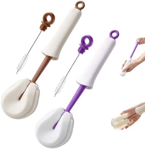 2-in-1 Long-Handle Bottle Brush Set for Easy Cleaning, Multifunctional Self-Squeeze Brush for Coffee Mugs, Wine Bottles, Sports Bottles – Ideal (Brown)