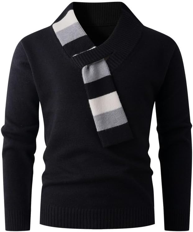 Men's Winter Warm Sweater Scarf Collar Long Sleeved Knitted Casual Sweaters