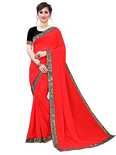 Image of AKHILAM Women's Lace Border Solid Georgette Saree with Unstitched Blouse Piece(CRNTON570 Parent)
