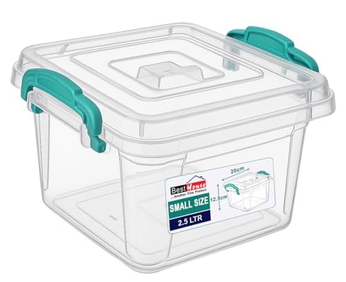 Best House | Small Plastic Storage Box with Clips & Lids | Size: 2.5L (L:20cm W:20.5cm H:12.3cm)| Set of 1 | Square Shape |Stackable Clear Multipurpose Home Office Kitchen Tools Crafts (2.5 Litres)