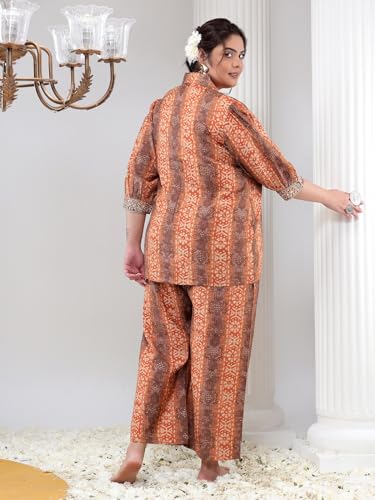 Image of Bani Women Printed Plus Size Co-ord Set, Shirt and Trouser Set 2 Piece Outfit, 3 /4 Sleeves V Neck Collor with Mirror Work, Coord Sets for Womens,Western Dress, Stylish Design for all Occasions