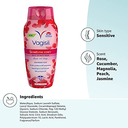 Image of Vagisil Feminine Wash for Intimate Area Hygiene, Scentsitive Scents, pH Balanced and Gynecologist Tested, Rose All Day, 12 oz (Pack of 1)