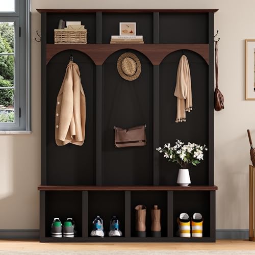 LUMISOL Arched Design Hallway Coat Rack with, 4-in-1 Farmhouse Entryway Hall Tree with 7 Cubbies, Wooden Style Entryway Walnut Storage Bench with 5 Black Hooks, for Mudroom Living Room, Black