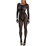 RISCUYY Black Jumpsuit for Women Mesh Lace Long Sleeve See Through Jumpsuits Sexy Rave Oufits Clubwear