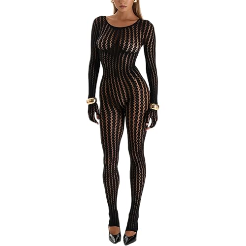 RISCUYY Black Jumpsuit for Women Mesh Lace Long Sleeve See Through Jumpsuits Sexy Rave Oufits Clubwear