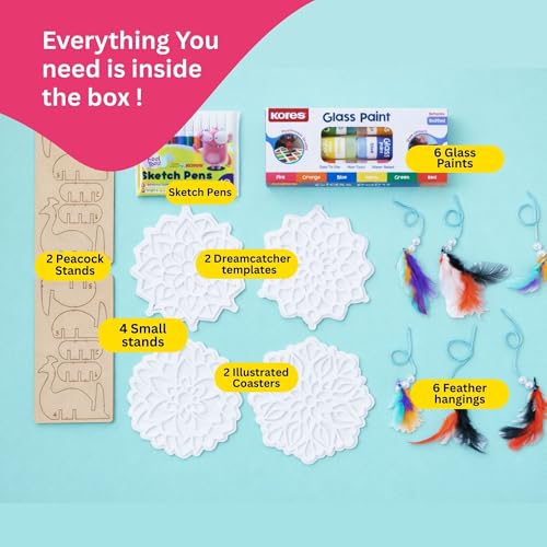 Image of Kores Mandala Art Kit for Kids (6-18 Years) | Glass Paint DIY Art & Craft Kit | Make Coasters & Dreamcatchers | 50+ Elements | Creative & Mindful Activity