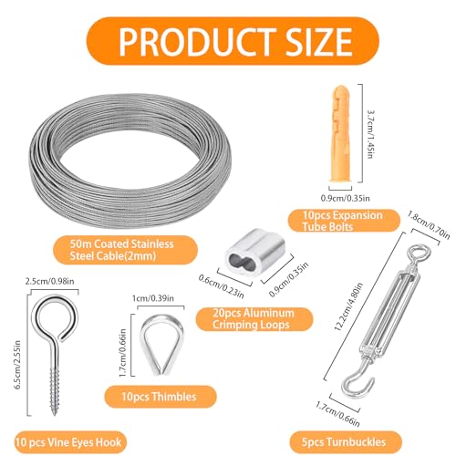 Tbintul 50M Drahtseil 2mm,Stahlseil Kit,Stahlseil Ummantelt mit Ösen Seilspanngarnitur,Edelstahlseil für Gardinenseil Wäscheleinen Kletterpflanzen Gardinenseil Zäunen